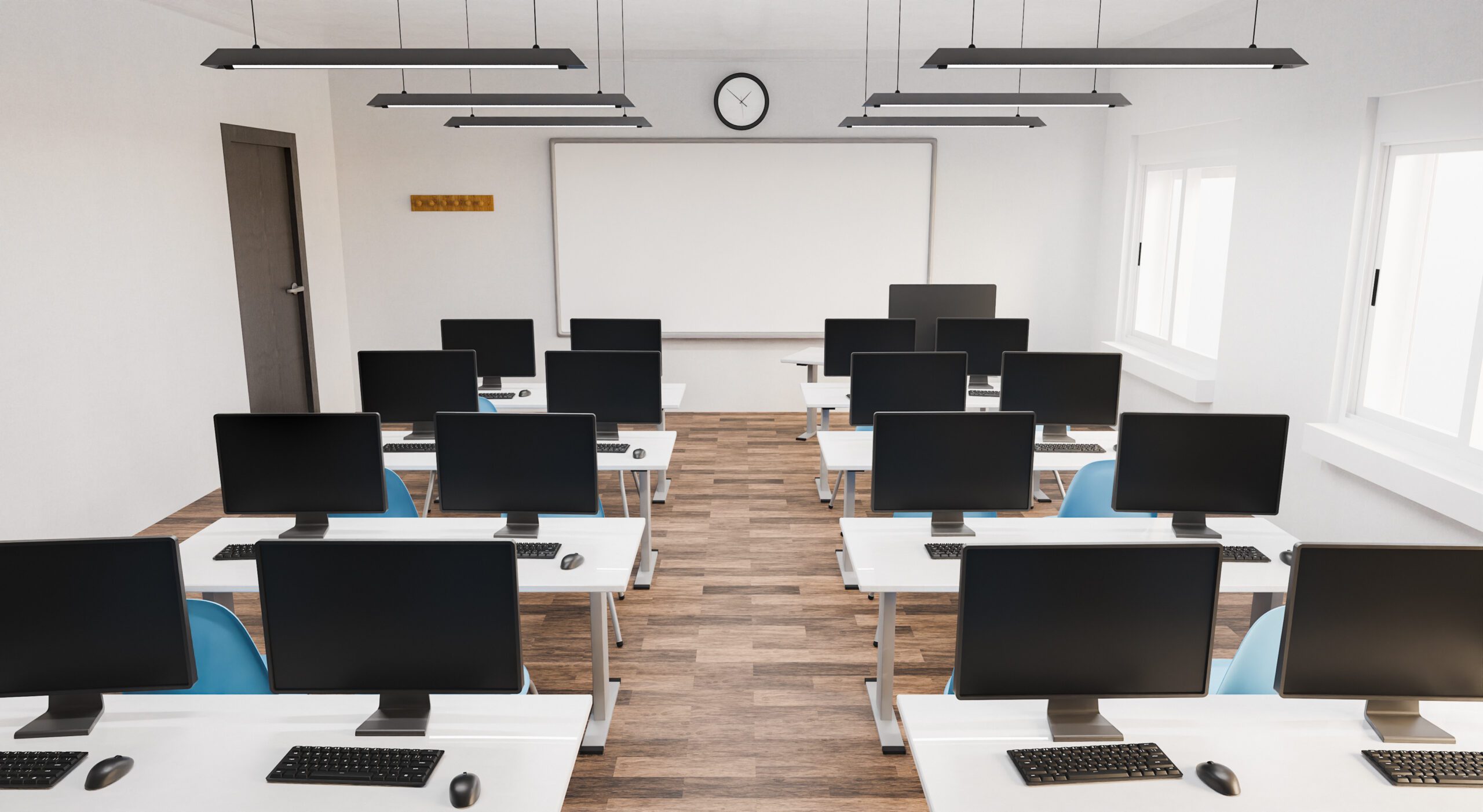 A picture shows classroom with seats, white board, a clock, a door and a window.