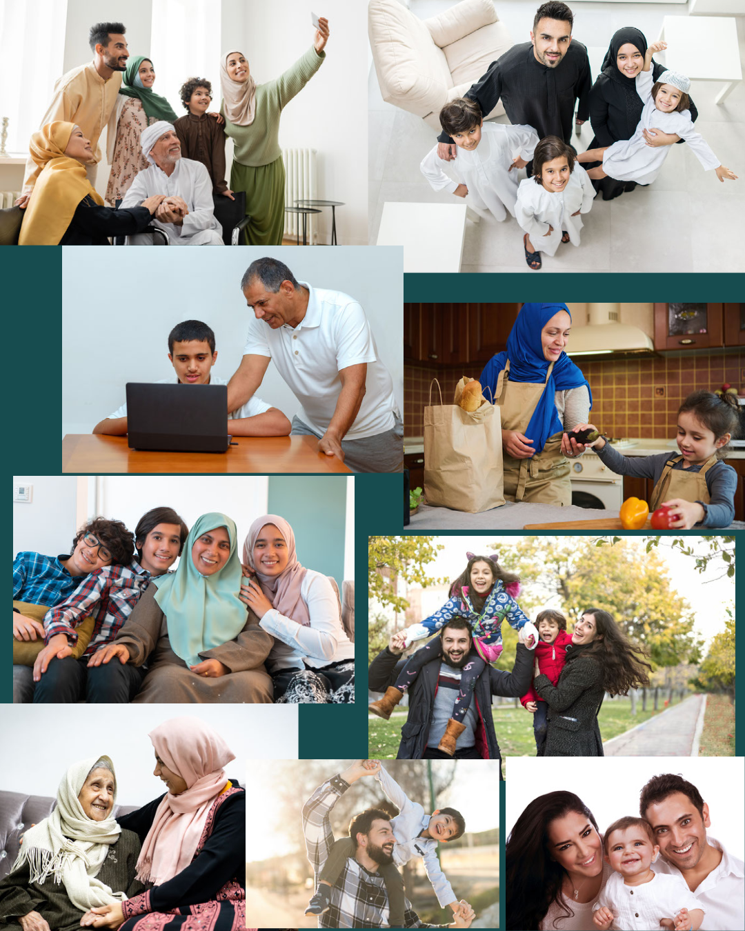A collage of nine pictures depicting families in various settings.