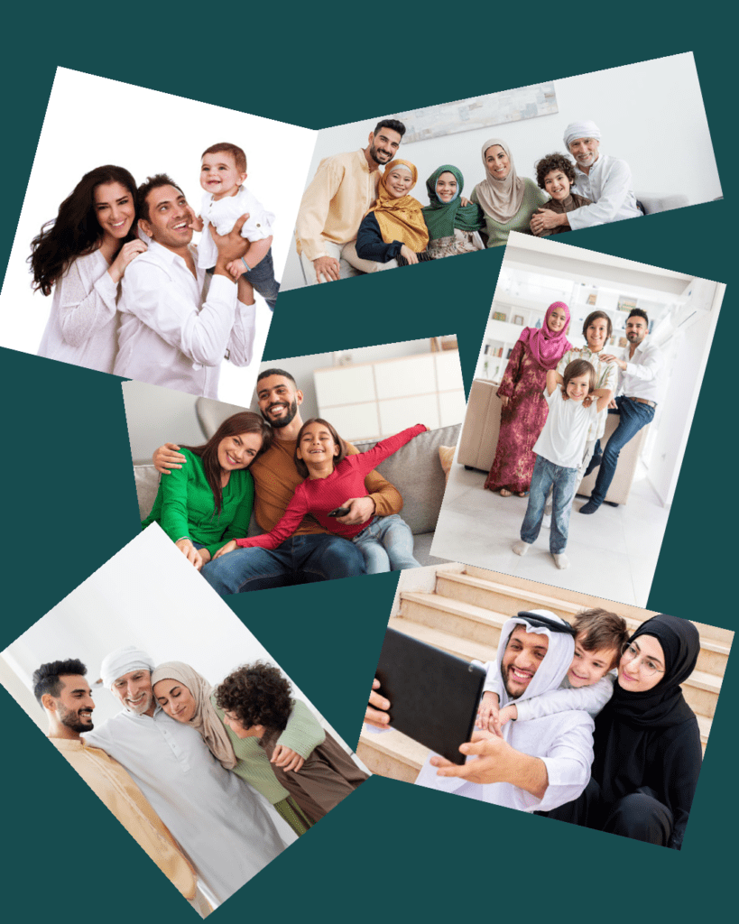 A collage of six pictures depicting different families in various settings.